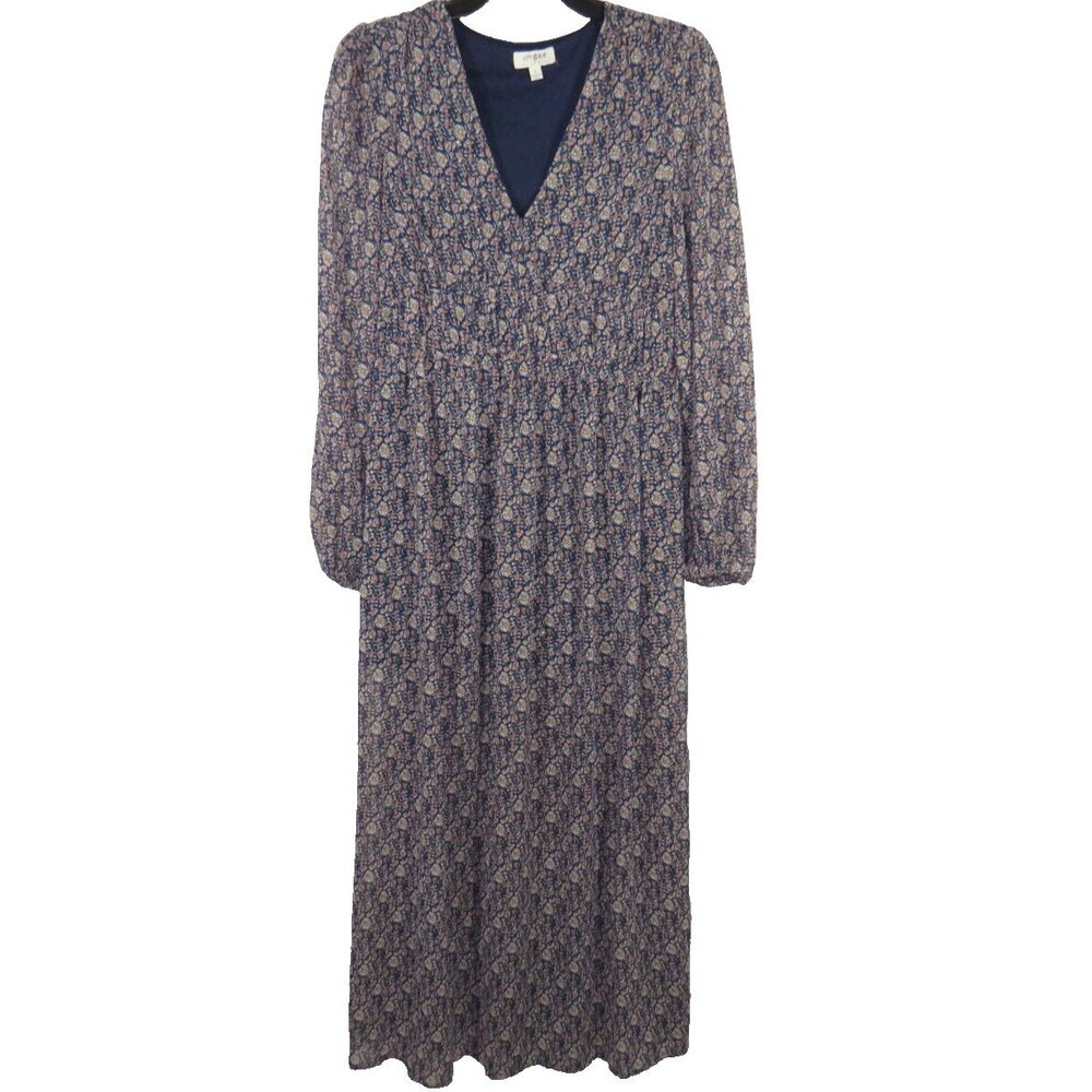 Umgee Women's The Mindy Maxi Dress Navy Floral V Neck Side Slits Size Small